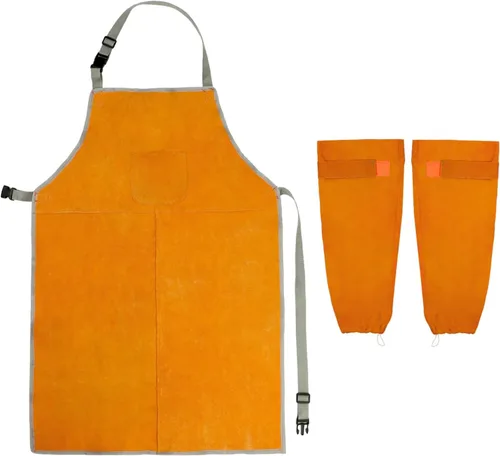 QWORK Delantal y mangas de soldadura, juego de protectores de trabajo de soldadura, taller de trabajo de cuero resistente al calor y al fuego, ropa