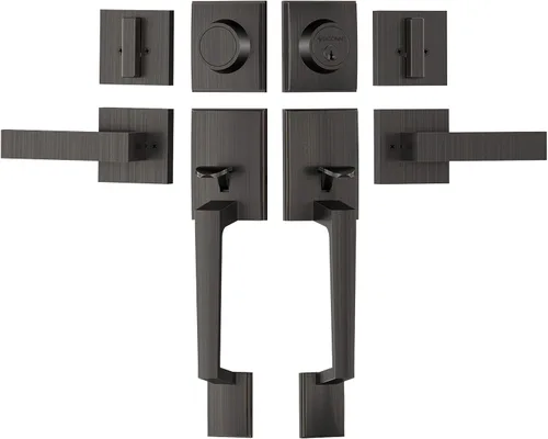 TICONN Juego de manijas para puerta doble delantera, palanca de puerta cuadrada resistente y cerrojo de cilindro único combinado para puertas Bronce