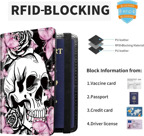 Miniatura 3 de Combo de portatarjetas de pasaporte y vacunación con bloqueo RFID-X-6, Butterfly Skull, Minimalista