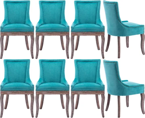 Miniatura 12 de Sillas de Comedor - Juego de 6 sillas de comedor modernas, tapizadas de tela con respaldo alto con ribete de cabeza de clavo y patas curvas