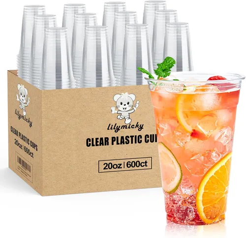 Lilymicky Paquete de 600 vasos de plástico transparente de 20 onzas, vasos desechables de PET, transparentes, perfectos para café helado, batidos,