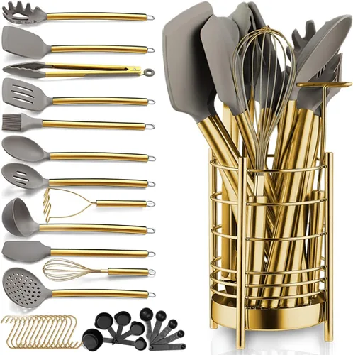 Berglander - Juego de utensilios de cocina dorados, 38 piezas antiadherentes de silicona, espátula con soporte para utensilios de acero inoxidable