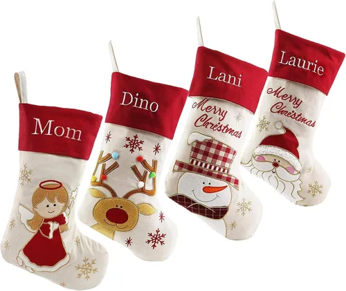 Miniatura 31 de Juego de 3, medias de Navidad personalizadas de 18 pulgadas con tecnología de bordado, diseños de Papá Noel, muñeco de nieve y renos para decoración