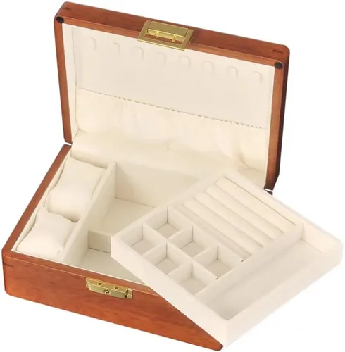 Bescott Joyero de madera maciza de 2 capas con cerradura y llave para mujeres y hombres, organizador de joyas de madera de terciopelo vintage,
