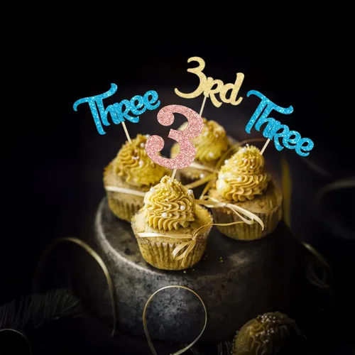 Miniatura 9 de 24 piezas de adornos para cupcakes de tercer cumpleaños, adornos para cupcakes de tercer cumpleaños con purpurina, tres adornos para cupcakes