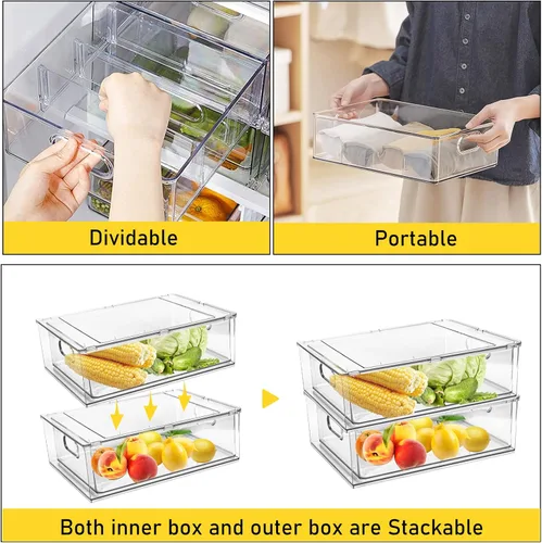 Miniatura 3 de Paquete de 4 contenedores organizadores de refrigerador con cajón extraíble, apilables, transparentes, organizadores de cajones de refrigerador