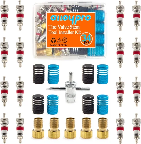 Kit de instalación de herramientas de vástago de válvula de neumático de 34 piezas, 20 núcleos de válvula con 8 tapas antipolvo de aleación y 5