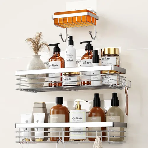 Miniatura 11 de Orimade Organizador de ducha con 5 ganchos para colgar maquinilla de afeitar y esponja, estante de ducha adhesivo, cesta de almacenamiento de baño