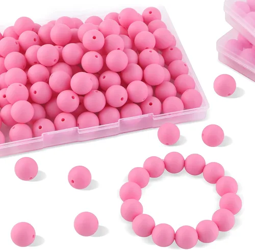 Miniatura 10 de Sunrony 70 cuentas de silicona para hacer collares, cuentas redondas de silicona a granel de 0.59 pulgadas para bolígrafos (rosa caramelo)