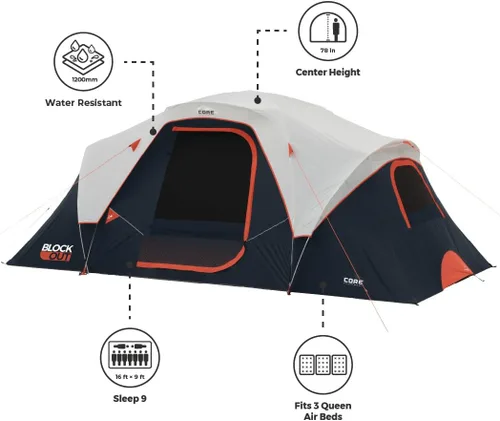 Miniatura 4 de CORE Blackout 6 Person & 9 Person Dome Tent Best Car Camping Outdoor Family Camp Tent Included Storage Pockets for Camping Accessories