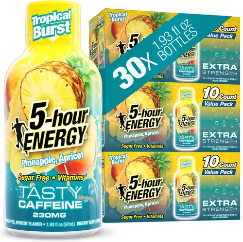 5-hour ENERGY Sabor TROPICAL BURST, 30 unidades, inyección energética de 1.93 onzas líquidas, extra fuerte, aminoácidos, vitaminas B, sin azúcar y