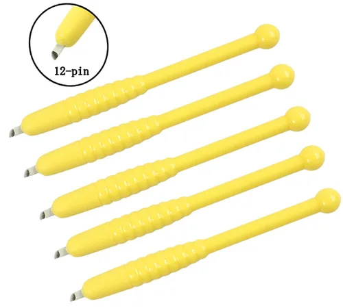 Xiaoyu 5PCS Desechable Manual Microblading Pen Cejas Tatuaje Pluma Hoja para Maquillaje Semi-Permanente, Agujas F12, Amarillo