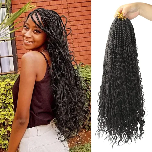 Miniatura 72 de Goddess Box Braids - Trenzas de cabello a ganchillo con extremos rizados, trenzas de caja bohemianas de 16 pulgadas, trenzas de ganchillo, 8 1B-4-30