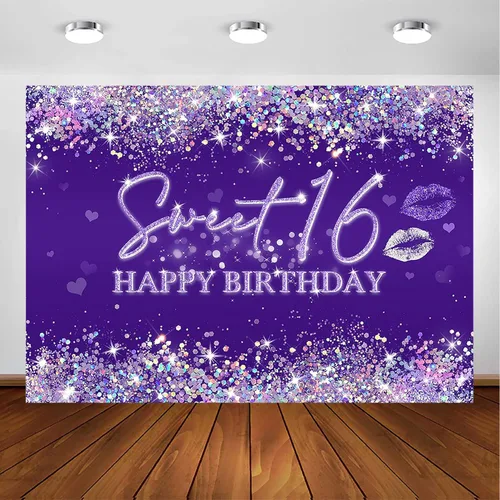 Miniatura 5 de Avezano Telón de fondo de cumpleaños de 16 años con purpurina para decoración de fiesta de cumpleaños, diamantes brillantes, oro rosa, morado