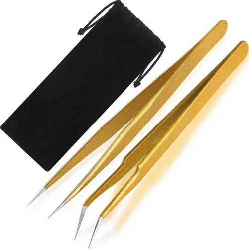 Miniatura 10 de Hotop 2 Piezas Pinzas de punta recta y curva para extensiones de pestañas, Herramientas de aplicación de pestañas postizas de acero inoxidable rosa.