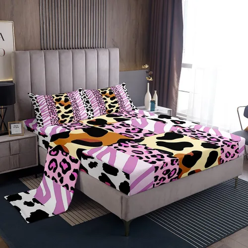Manfei Juego de sábanas de piel de animal, tamaño individual, juego de sábanas de 3 piezas con estampado de cebra de leopardo con sábana bajera de