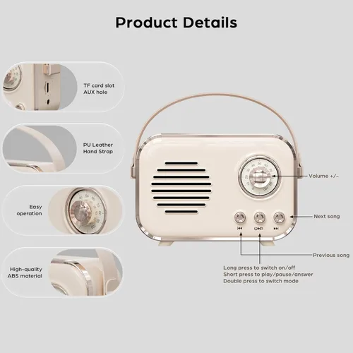Miniatura 7 de Altavoz Bluetooth retro, altavoz Bluetooth inalámbrico portátil vintage de 5 W con volumen fuerte, radio FM, compatible con tarjeta TF AUX