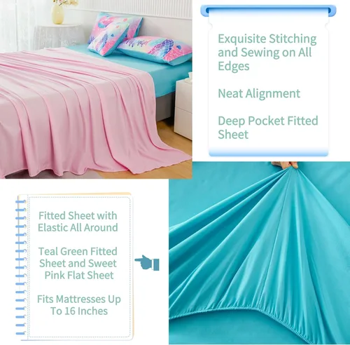 Miniatura 6 de RYNGHIPY Juego de ropa de cama tamaño matrimonial de sirena para niñas, colorido arco iris, juego de edredón con sábanas suaves y ligeras, 6 piezas