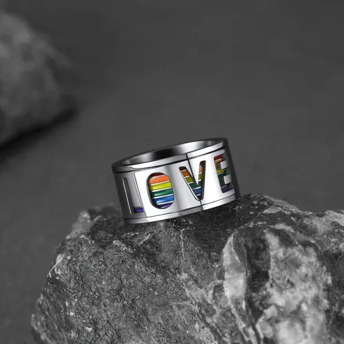 Miniatura 7 de FaithHeart Anillos para ansiedad LGBT Pride Rainbow, acero inoxidable/chapado en oro de 18 quilates, joyería de amor es amor para hombres y mujeres