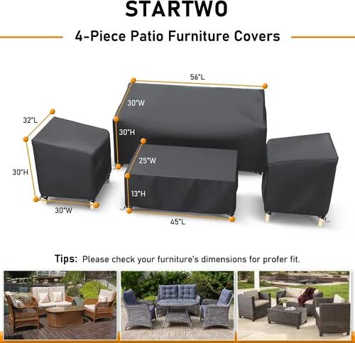 Miniatura 2 de STARTWO Funda impermeable para muebles de patio al aire libre, juego de 4 piezas para sillas, sofá biplaza y mesa de centro, resistente 420D, negro