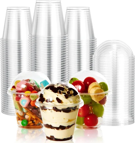 Miniatura 8 de Vplus Paquete de 200 vasos de plástico PET de 9 onzas con tapas planas, vasos de plástico desechables de cristal para parfait, frutas, postres