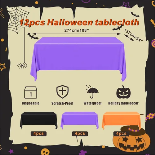 Miniatura 2 de Eunika 12 manteles de plástico desechables de Halloween, 54 x 108 pulgadas, mantel italiano rectangular a granel, negro, naranja, morado