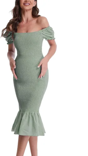 Miniatura 2 de Vestido de maternidad de verano a media pierna, manga corta abombada, cuello cuadrado, dobladillo con volantes, vestido de sirena para baby shower