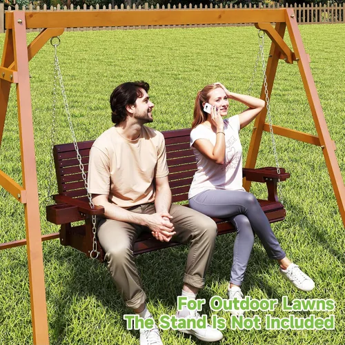 Miniatura 8 de Real Relax - Columpio de madera para el porche delantero, silla colgante de patio al aire libre de 2 plazas con portavasos, banco de asiento