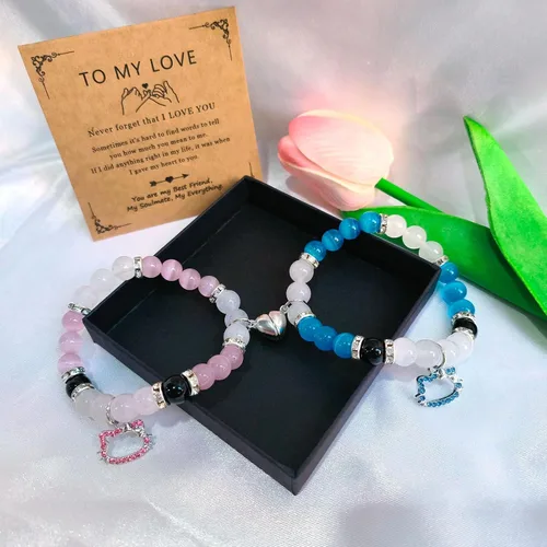 Miniatura 108 de 2 pulseras magnéticas para parejas, piedra natural negra mate, cristal para votos de amor eterno, juego de pulseras de cuentas de piedra de energía