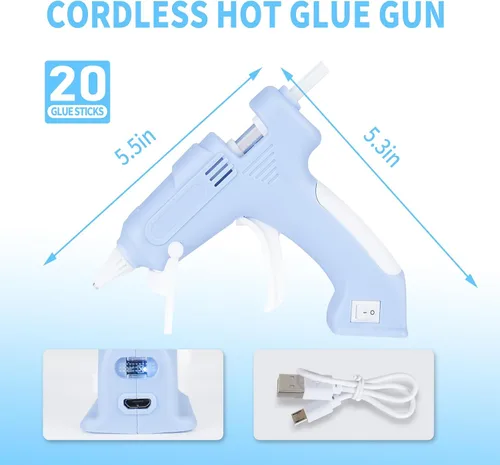 Miniatura 4 de Pistola de pegamento caliente inalámbrica, kit de pistola de pegamento de precalentamiento rápido recargable con 20 barras de pegamento blanco