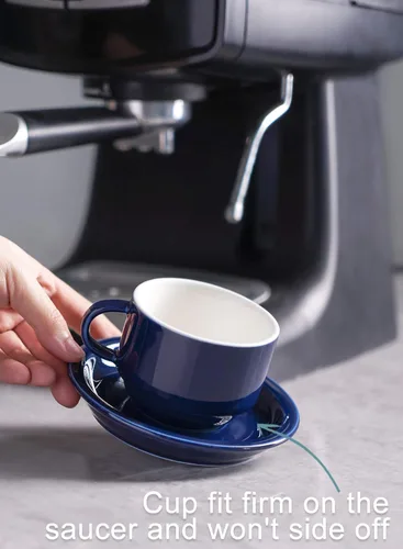 Miniatura 6 de Sweese - Juego de 4 tazas de café espresso apilables de porcelana con platillos y soporte de metal, 4 onzas, color azul marino