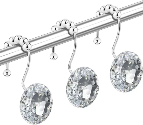 Miniatura 9 de Ganchos de cortina de ducha de cristal negro con diamantes para baño, 12 unidades, anillos de acero inoxidable plateados a prueba de óxido, colgador
