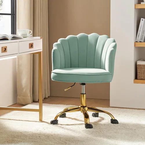 Miniatura 8 de HULALA HOME Silla de oficina en casa de terciopelo con base dorada, silla de escritorio tapizada moderna y linda de concha para mujer para tocador