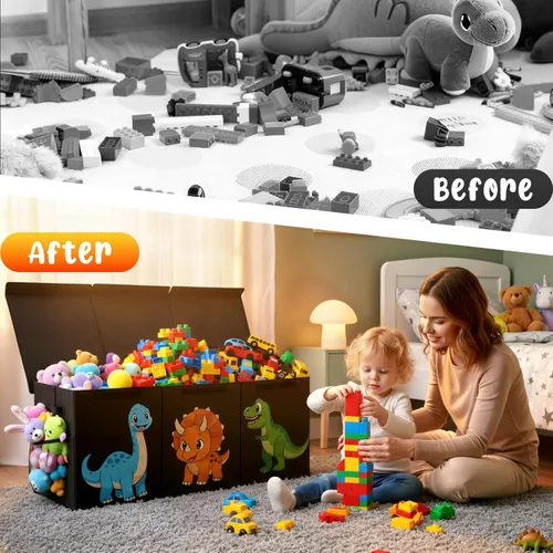 Miniatura 6 de Caja de juguetes plegable extragrande, organizador resistente de almacenamiento de juguetes de dinosaurios con tapas, 40 x 16 x 14 pulgadas, caja
