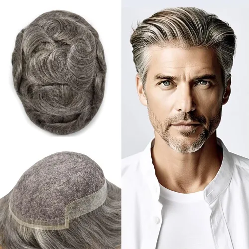 Miniatura 45 de FACE MIRACLE - Tupé frontal de encaje francés para hombres, sistema de reemplazo de cabello humano de encaje con pieza de pelo de poliuretano