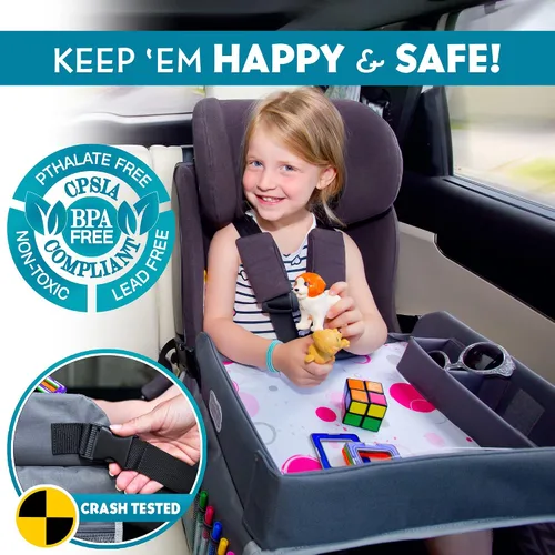 Miniatura 3 de Kenley Kids Bandeja de viaje, bandeja de regazo para asiento de automóvil para niños pequeños, mesa de actividades esenciales para viajes por Azul