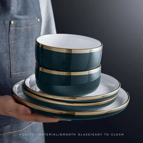 Miniatura 9 de Pokini Juego de vajilla de porcelana, juego de 12 platos y cuencos de porcelana de lujo, juego de platos verdes con borde dorado para boda