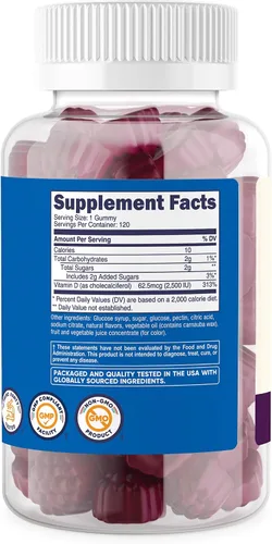 Miniatura 5 de Nutricost Gomitas de vitamina D3 para niños, 2,500 UI (62.5 mcg), 120 gomitas - Sabor a bayas mixtas
