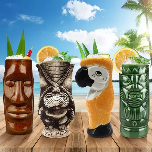 Miniatura 5 de LINALL Juego de 4 tazas de cóctel Tiki – Tazas de cóctel hawaianas de cerámica grandes, vasos de cóctel exóticos, Tiki Bar Profesional Hawaiano