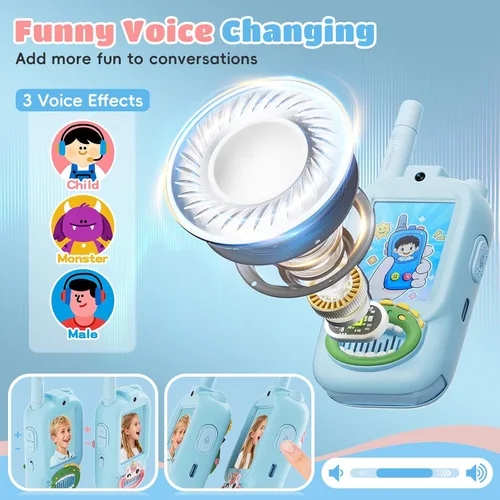 Miniatura 5 de Walkie Talkies de video para niños, paquete de 2 walkie talkies para niños con bonita cubierta de silicona, cambiador de voz, rango de 1000 pies