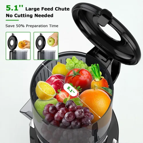 Miniatura 2 de OMMO Máquinas exprimidoras de prensa en frío: 5.1 pulgadas de ancho de alimentación exprimidor de masticación lenta para frutas y verduras enteras