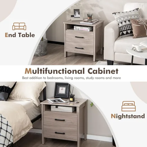 Miniatura 6 de Giantex Mesita de noche con 2 cajones, mesa auxiliar de madera con estante de almacenamiento abierto y agujero para cable, mesita de noche
