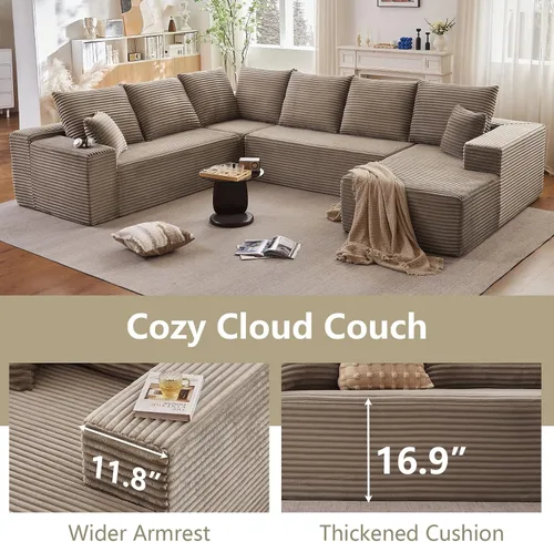 Miniatura 8 de Sofá modular de nube de 140 pulgadas para sala de estar, sofá modular de asiento profundo, juego de sofás de pana grandes y cómodos con espuma