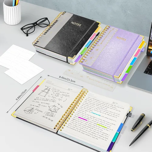 Miniatura 2 de Cuaderno de espiral con tapa dura, cuadernos B5 grandes de 8"x10", con divisores extraíbles y pestañas, 300 páginas, cuaderno de 5 asignaturas