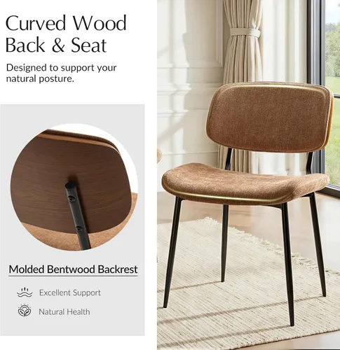 Miniatura 3 de HULALA HOME Juego de 2 sillas de comedor tapizadas modernas de mediados de siglo con respaldo curvado de madera, patas de metal negro, silla de cena