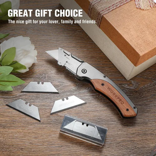 Miniatura 4 de WORKPRO - Cuchillo utilitario plegable, cortador de caja de cambio rápido con cabezal de acero inoxidable y bloqueo de alineación, mango de madera