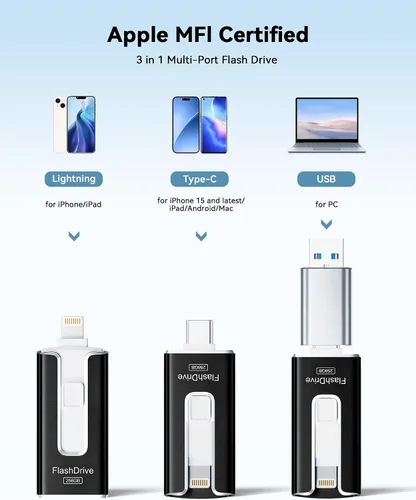 Miniatura 2 de Unidad Flash Certificada MFi para iPhone 256GB, Memoria Stick Thumb Drive USB Type-C 3 en 1 para Fotos Videos, Foto Stick de Almacenamiento Externo
