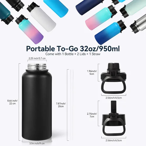 Miniatura 2 de Neihepal Botella de agua aislada de 32 onzas con 2 tapas (tapa con pajilla y boquilla), botellas de agua de doble pared de acero inoxidable 18/8