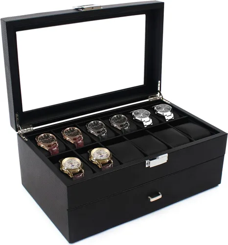 Miniatura 2 de Caja organizadora de reloj para hombres, 24 ranuras lujosa y masculina caja de exhibición texturizada de fibra de carbono - Parte superior de vidrio