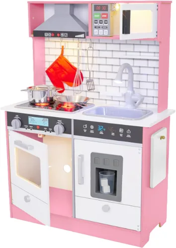 Miniatura 11 de Lil' Jumbl Juego de cocina pequeño blanco para niños, cocina de madera de simulación, incluye campana extractora, microondas, estufa, horno que hace